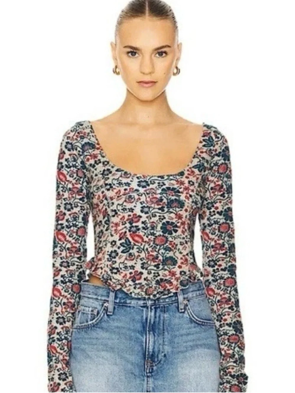 Free People Floral Scoop-Neck Crop Top - Cream with Pink & Blue